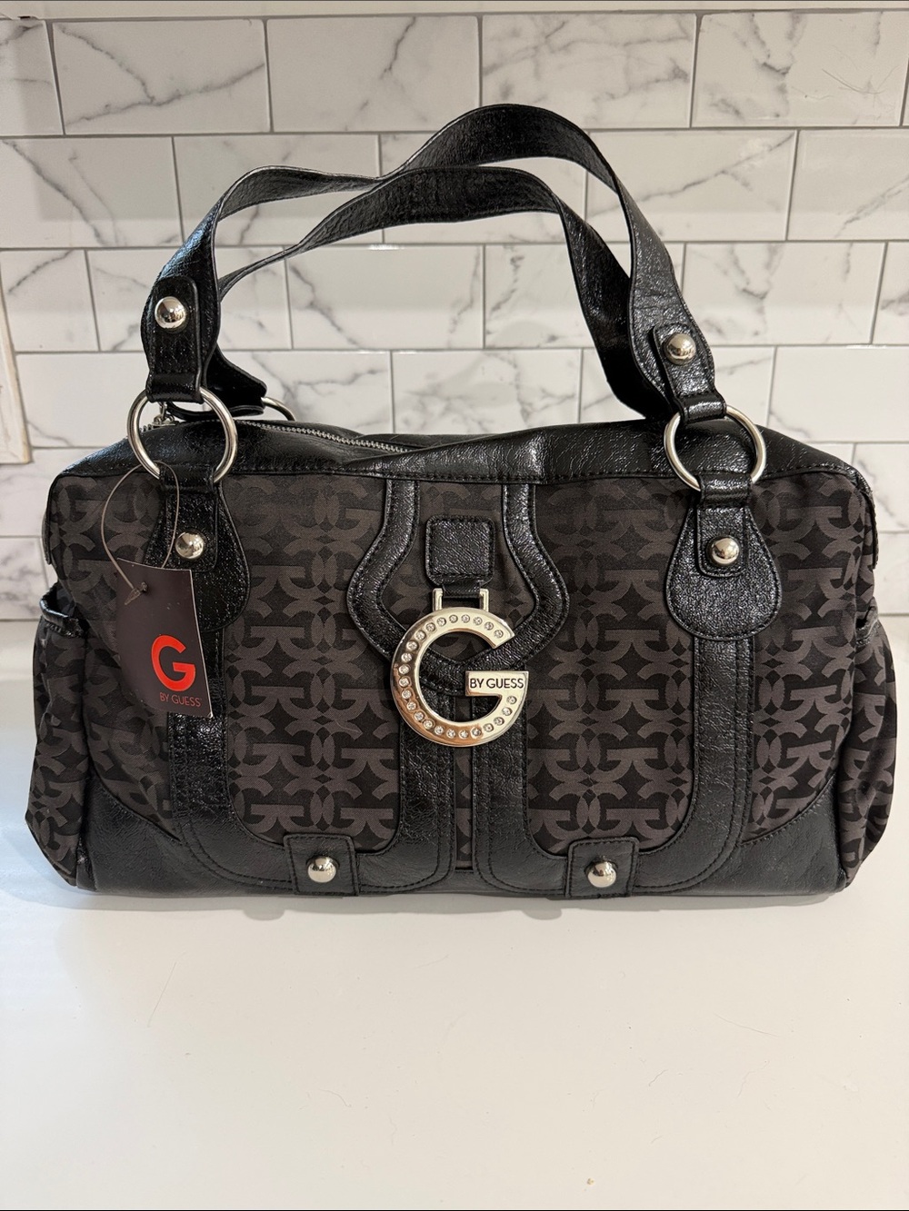 G by Guess Black Logo-Print Shoulder Satchel